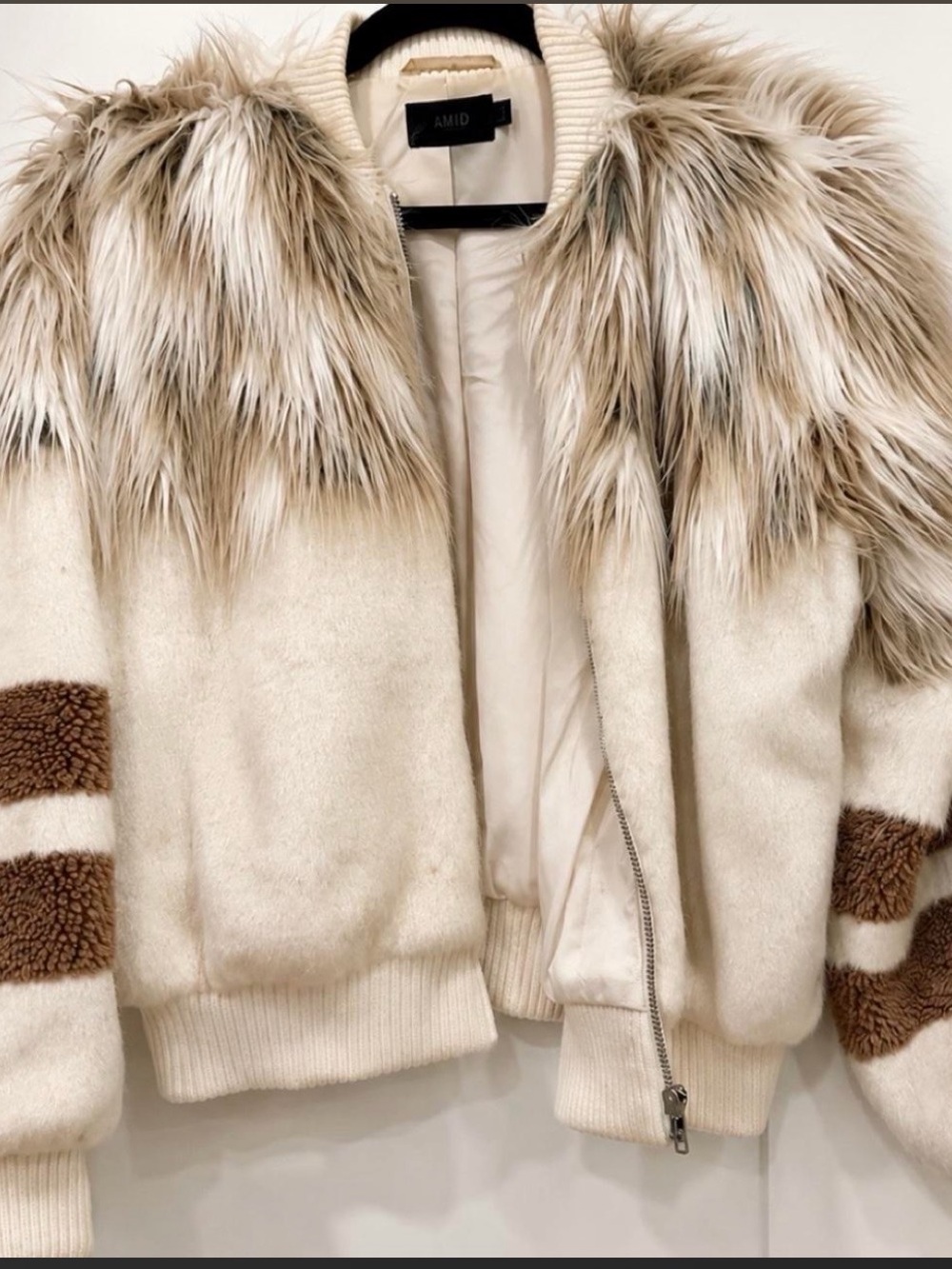 NBD Cream Bomber Jacket with Faux Fur Collar and Brown Shearling Stripes